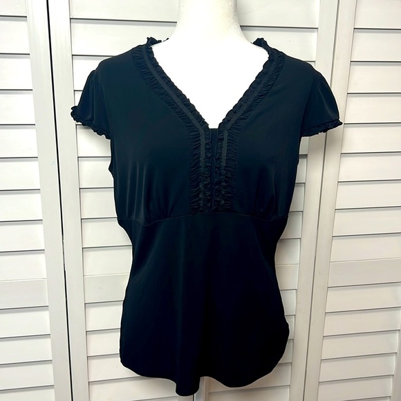 Worthington V-Neck Stretch Ruffle Top Size Large Black - Picture 1 of 8